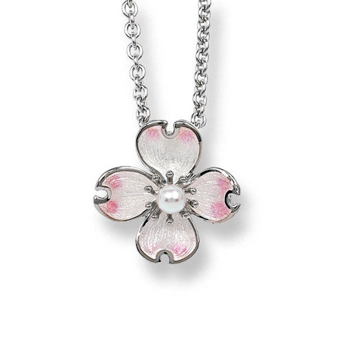 Neckwear - Dogwood flower pendant and chain with enamel and pearl in silver  - PA Jewellery