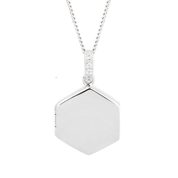 Hexagonal locket with cubic zirconia in silver