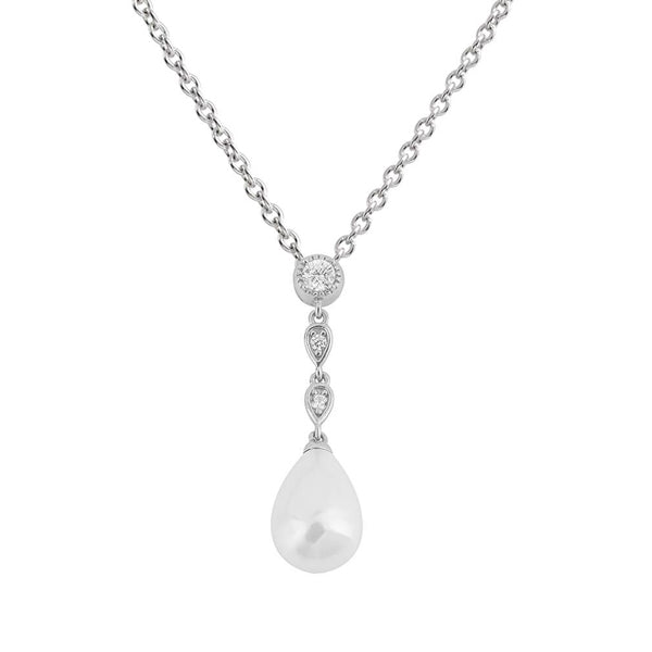 Simulated pearl and cubic zirconia pendant and chain in silver