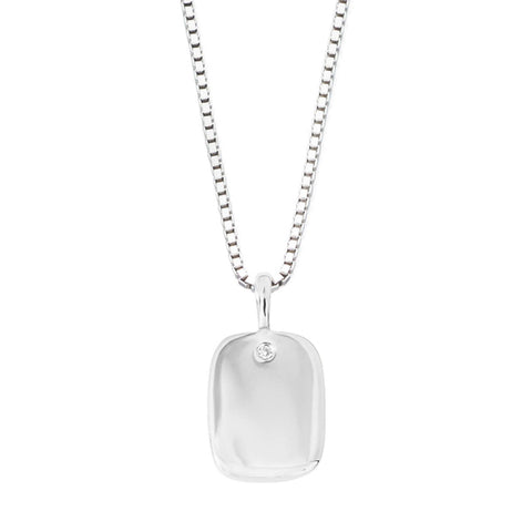 Diamond set rectangular tag pendant and chain in silver