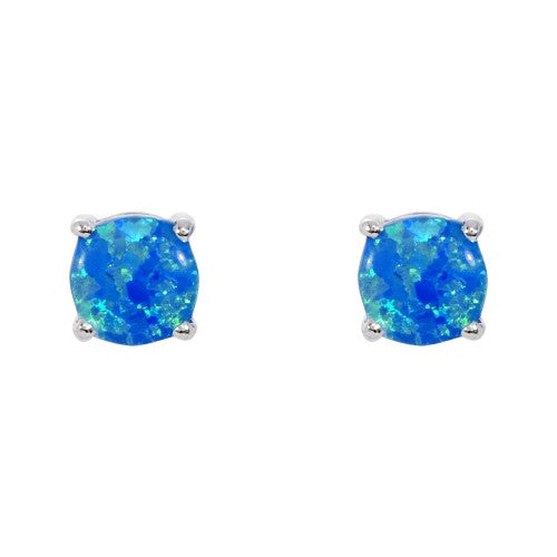 Blue simulated opal round stud earrings in silver