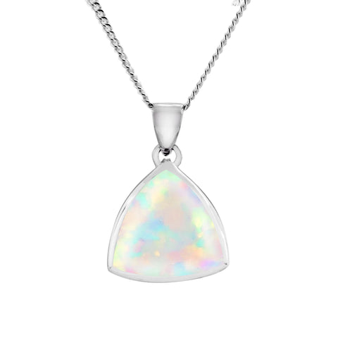 Simulated opal triangular pendant and chain in silver