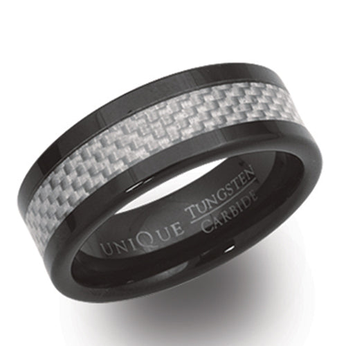 Carbon fibre inlay ring in tungsten carbide with black IP plating