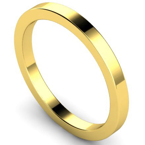 Flat court profile wedding ring in yellow gold, 2mm width