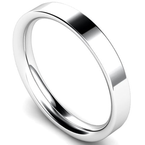 Flat court profile wedding ring in white gold, 3mm width