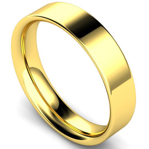 Flat court profile wedding ring in yellow gold, 5mm width