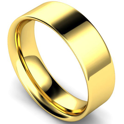 Flat court profile wedding ring in yellow gold, 7mm width