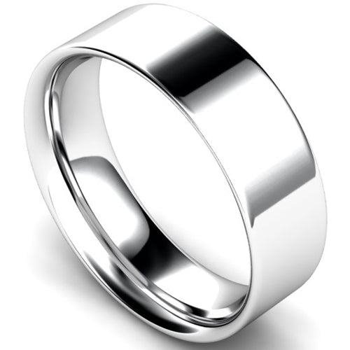 Flat court profile wedding ring in white gold, 7mm width