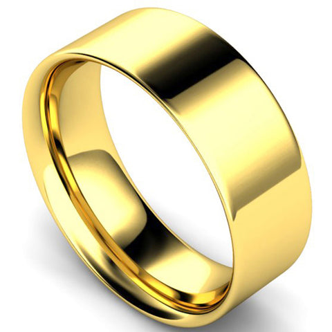 Flat court profile wedding ring in yellow gold, 8mm width