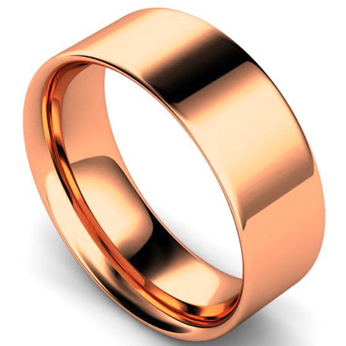 Flat court profile wedding ring in rose gold, 8mm width