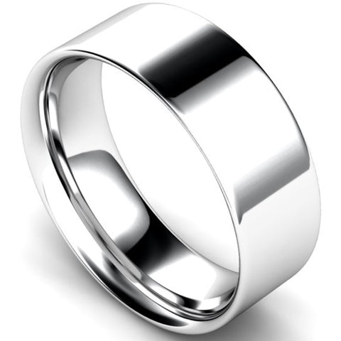 Flat court profile wedding ring in platinum, 8mm width