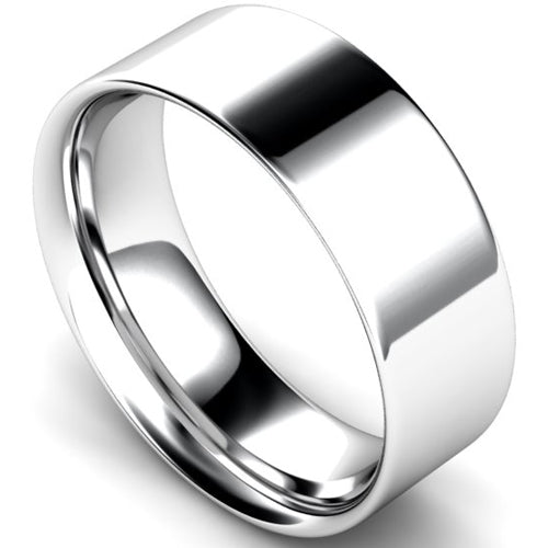Flat court profile wedding ring in white gold, 8mm width