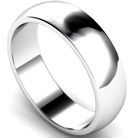 D-shape profile wedding ring in white gold, 6mm width