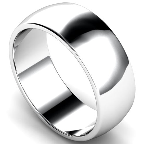 D-shape profile wedding ring in white gold, 8mm width
