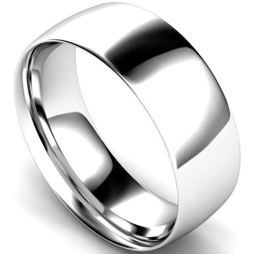 Traditional court profile wedding ring in white gold, 8mm width