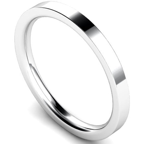 Edged flat court profile wedding ring in white gold, 2mm width