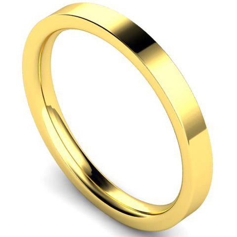 Edged flat court profile wedding ring in yellow gold, 2.5mm width