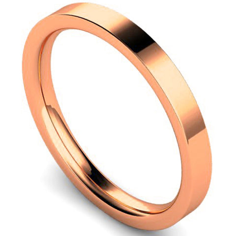 Edged flat court profile wedding ring in rose gold, 2.5mm width