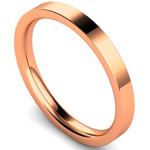 Edged flat court profile wedding ring in rose gold, 2mm width