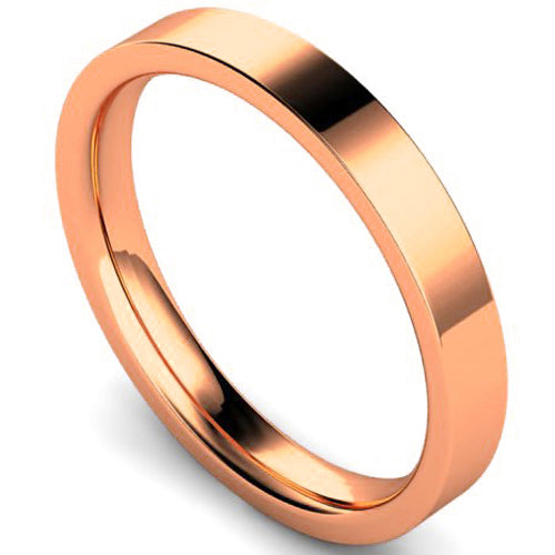Edged flat court profile wedding ring in rose gold, 3mm width