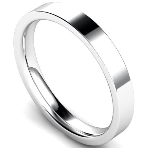 Edged flat court profile wedding ring in white gold, 3mm width
