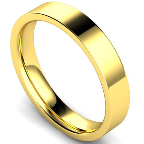 Edged flat court profile wedding ring in yellow gold, 4mm width
