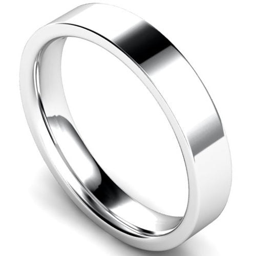 Edged flat court profile wedding ring in white gold, 4mm width
