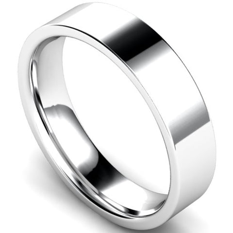 Edged flat court profile wedding ring in white gold, 5mm width