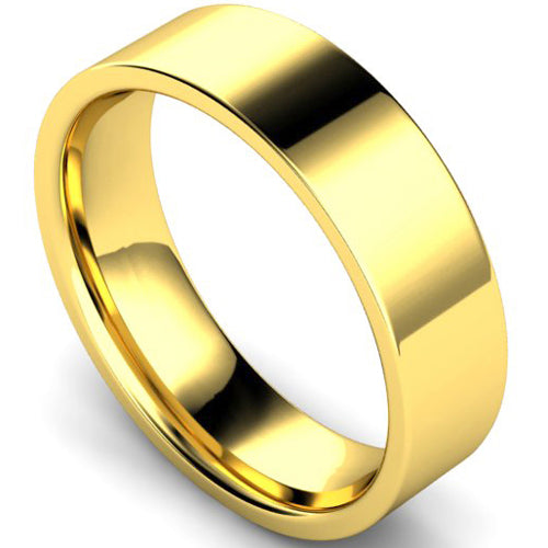 Edged flat court profile wedding ring in yellow gold, 6mm width