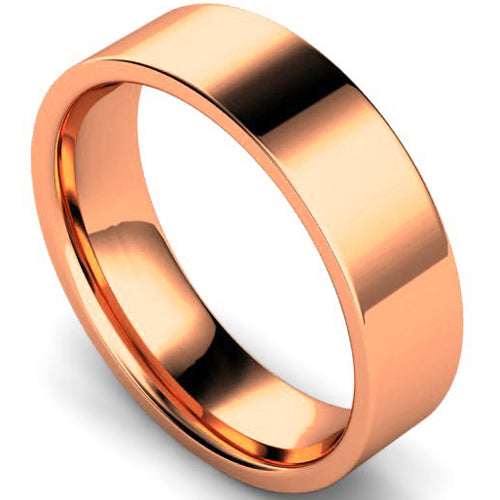 Edged flat court profile wedding ring in rose gold, 6mm width