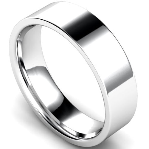Edged flat court profile wedding ring in white gold, 6mm width