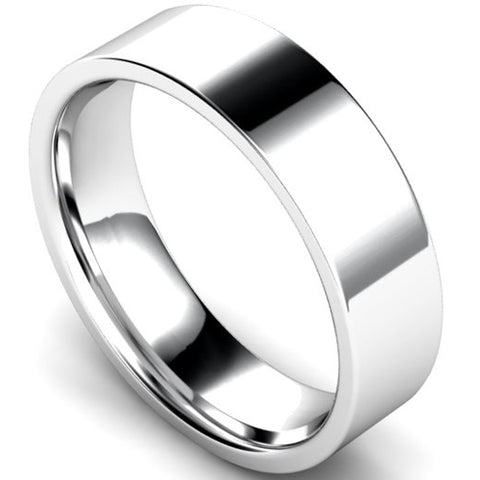 Edged flat court profile wedding ring in platinum, 6mm width