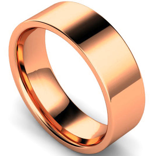 Edged flat court profile wedding ring in rose gold, 7mm width