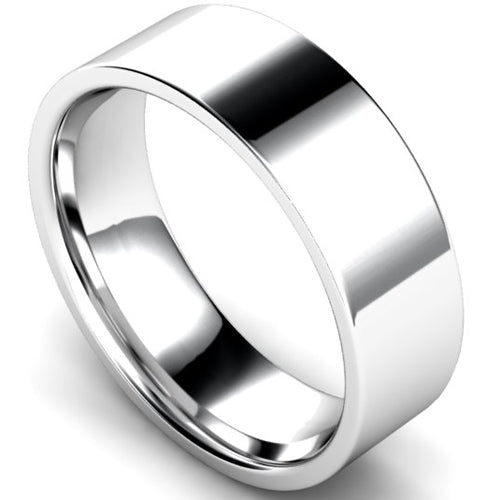Edged flat court profile wedding ring in white gold, 7mm width