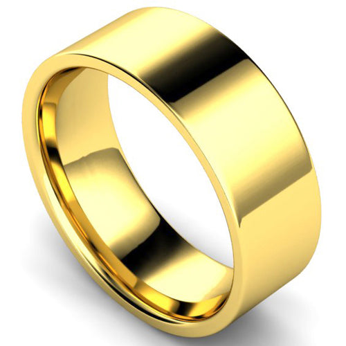Edged flat court profile wedding ring in yellow gold, 8mm width