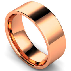 Edged flat court profile wedding ring in rose gold, 8mm width
