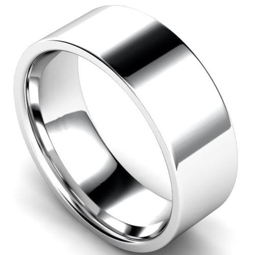 Edged flat court profile wedding ring in white gold, 8mm width