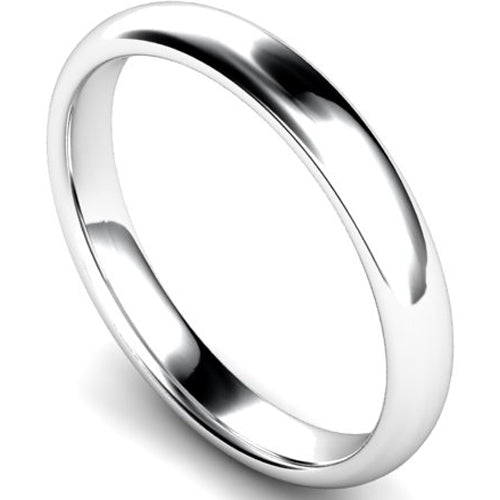 Edged traditional court profile wedding ring in white gold, 3mm width
