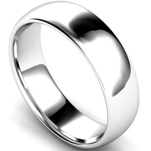 Edged traditional court profile wedding ring in white gold, 6mm width