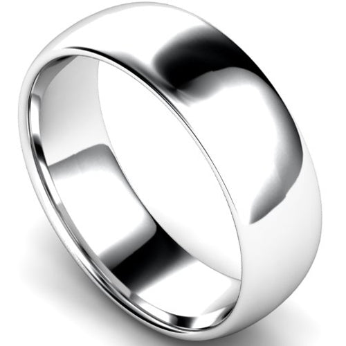 Edged traditional court profile wedding ring in white gold, 7mm width