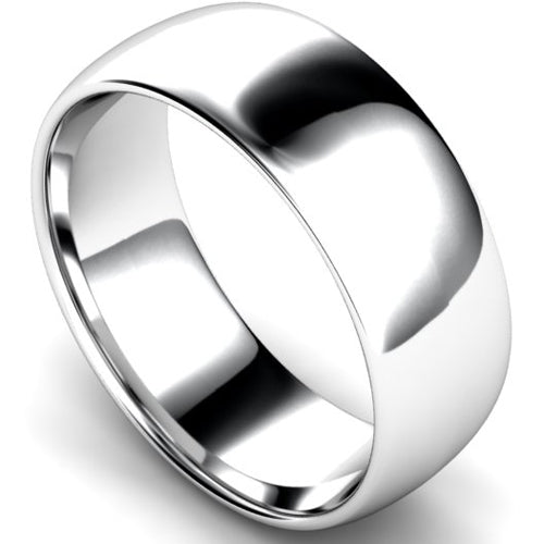 Edged traditional court profile wedding ring in white gold, 8mm width