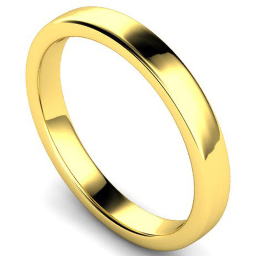 Edged slight court profile wedding ring in yellow gold, 3mm width