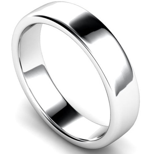 Edged slight court profile wedding ring in white gold, 5mm width