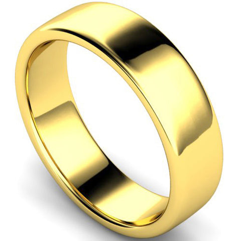 Edged slight court profile wedding ring in yellow gold, 6mm width