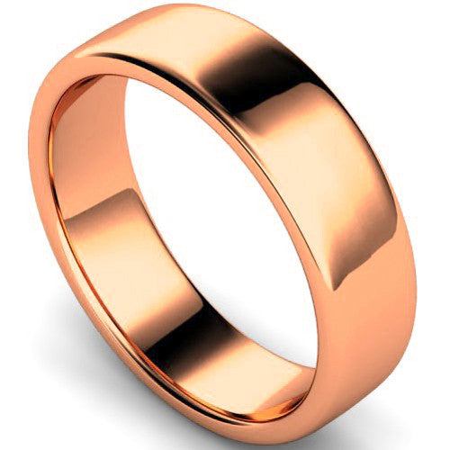 Edged slight court profile wedding ring in rose gold, 6mm width
