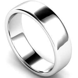 Edged slight court profile wedding ring in white gold, 6mm width