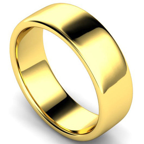 Edged slight court profile wedding ring in yellow gold, 7mm width