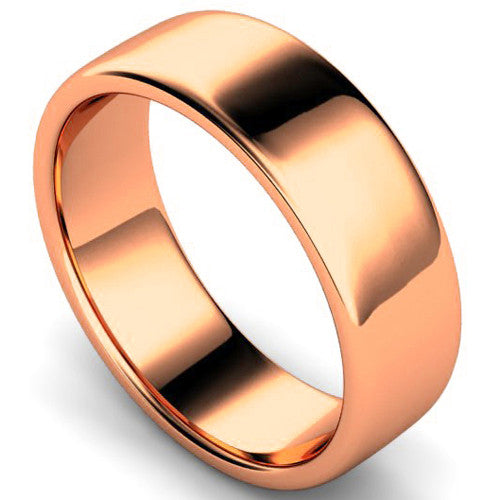 Edged slight court profile wedding ring in rose gold, 7mm width