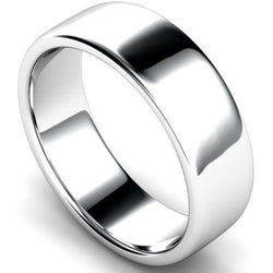Edged slight court profile wedding ring in white gold, 7mm width