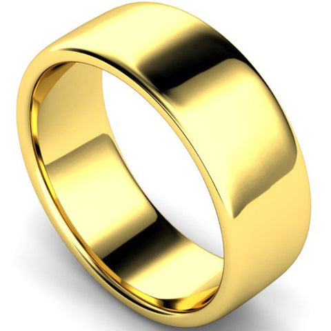 Edged slight court profile wedding ring in yellow gold, 8mm width
